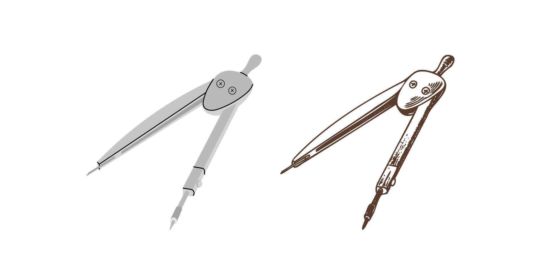 hand-drawn and flat school and office supplies Illustration. Detailed retro style drawing compasses sketch. Vintage sketch element. Back to School. School essential illustration. vector