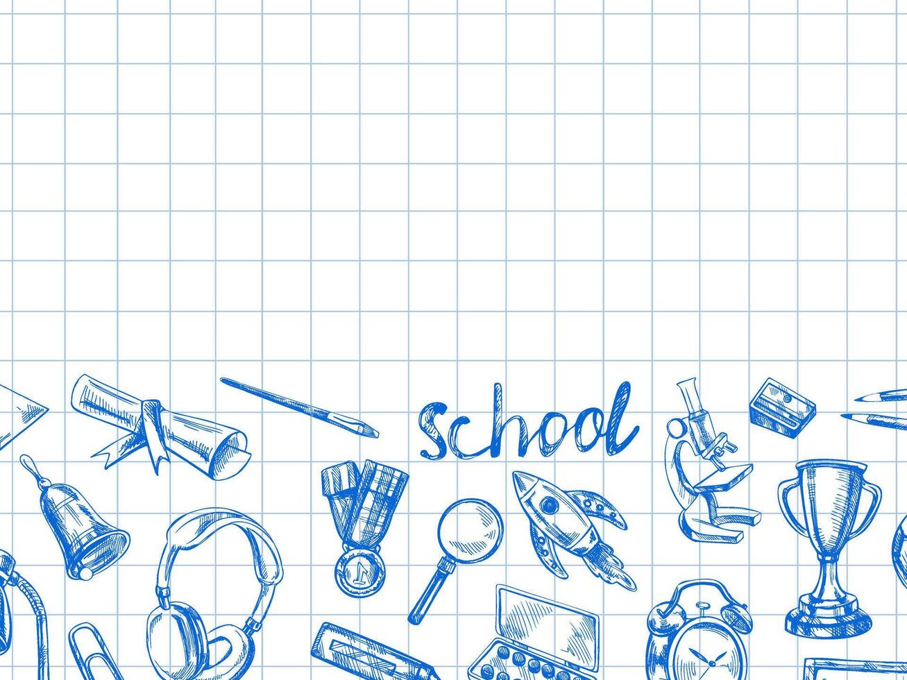 Back to School, hand drawn school supplies, template. Doodle lettering and school object collection. Education Concept. Vintage sketch element. Back to School. vector