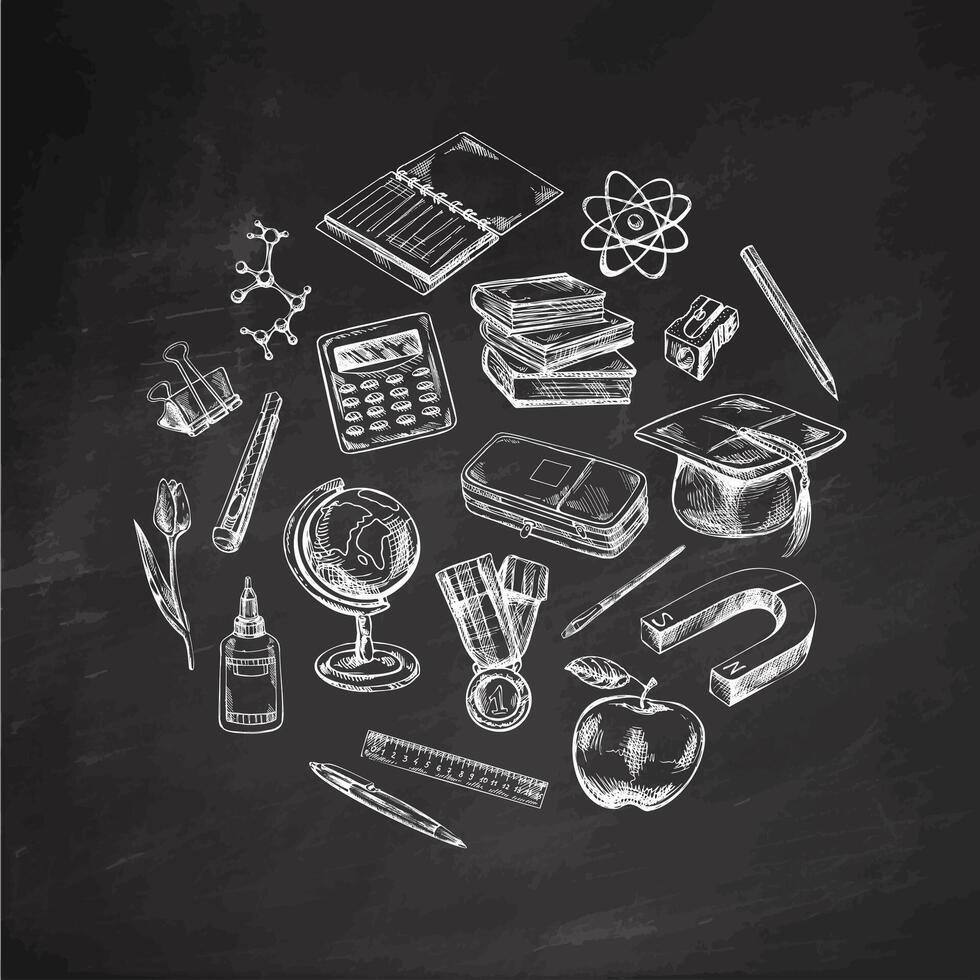 Back to School, hand drawn school supplies, sketch set in a circle. Doodle lettering and school object collection. Education Concept. Chalkboard background. Back to School. vector