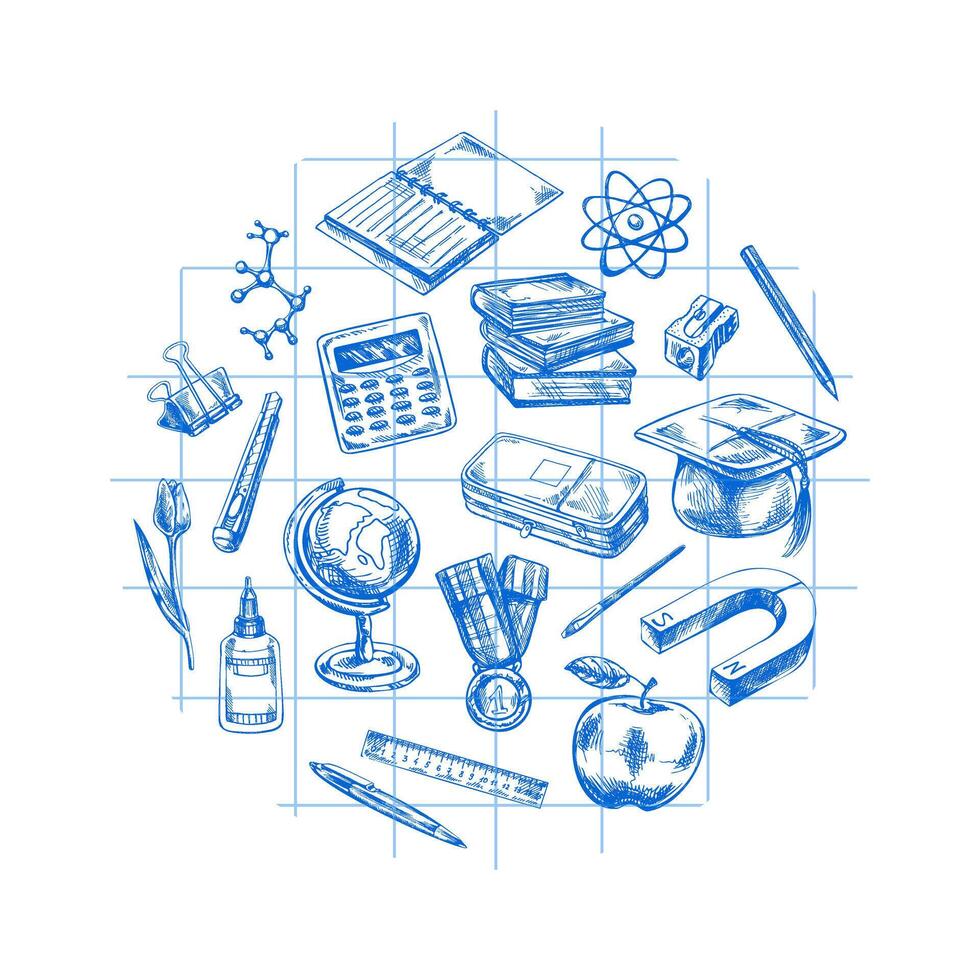 Back to School, hand drawn school supplies, sketch set in a circle. Doodle lettering and school object collection. Education Concept. Vintage sketch elements. Back to School. vector