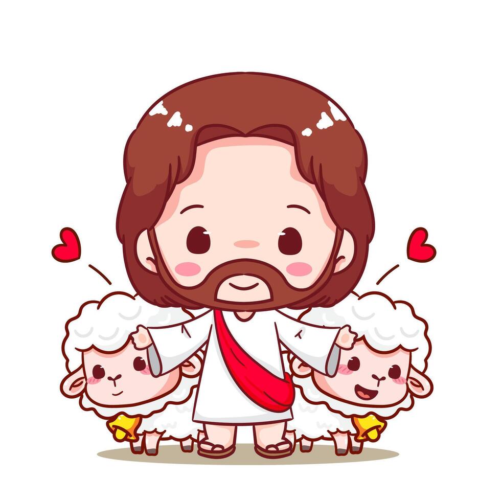 Cute Jesus And The Sheep or Lamb Cartoon . Christianity Religion Concept Design. Adorable Chibi Jesus Christ Character Illustration. Isolated White Background. vector