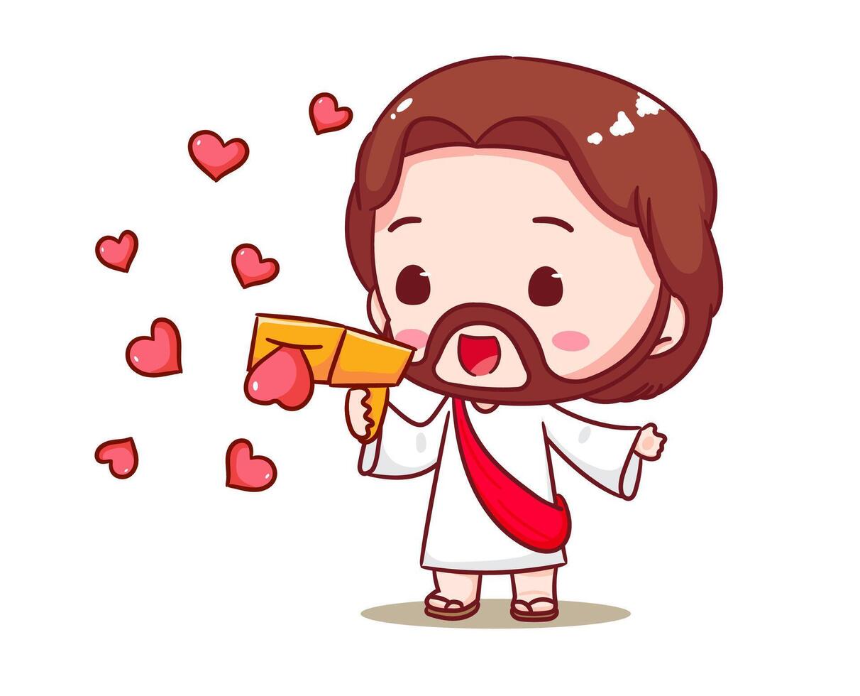 Cute Jesus Holding Love Gun Cartoon . Christianity Religion Concept Design. Adorable Chibi Jesus Christ Character Illustration. Isolated White Background. vector