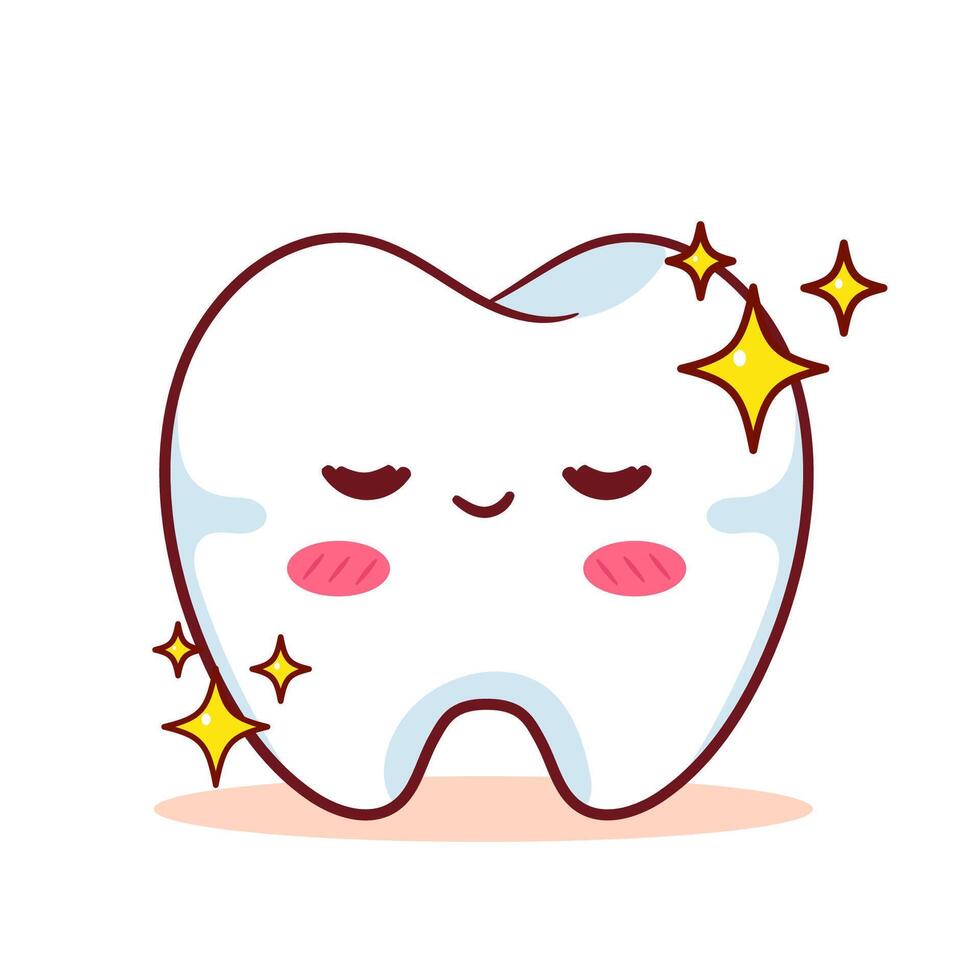 Cute Tooth Smiling with Sparkles Cartoon Character. Education Human Organ Dental Care Concept Design. Kawaii Object Illustration. Isolated White Background vector