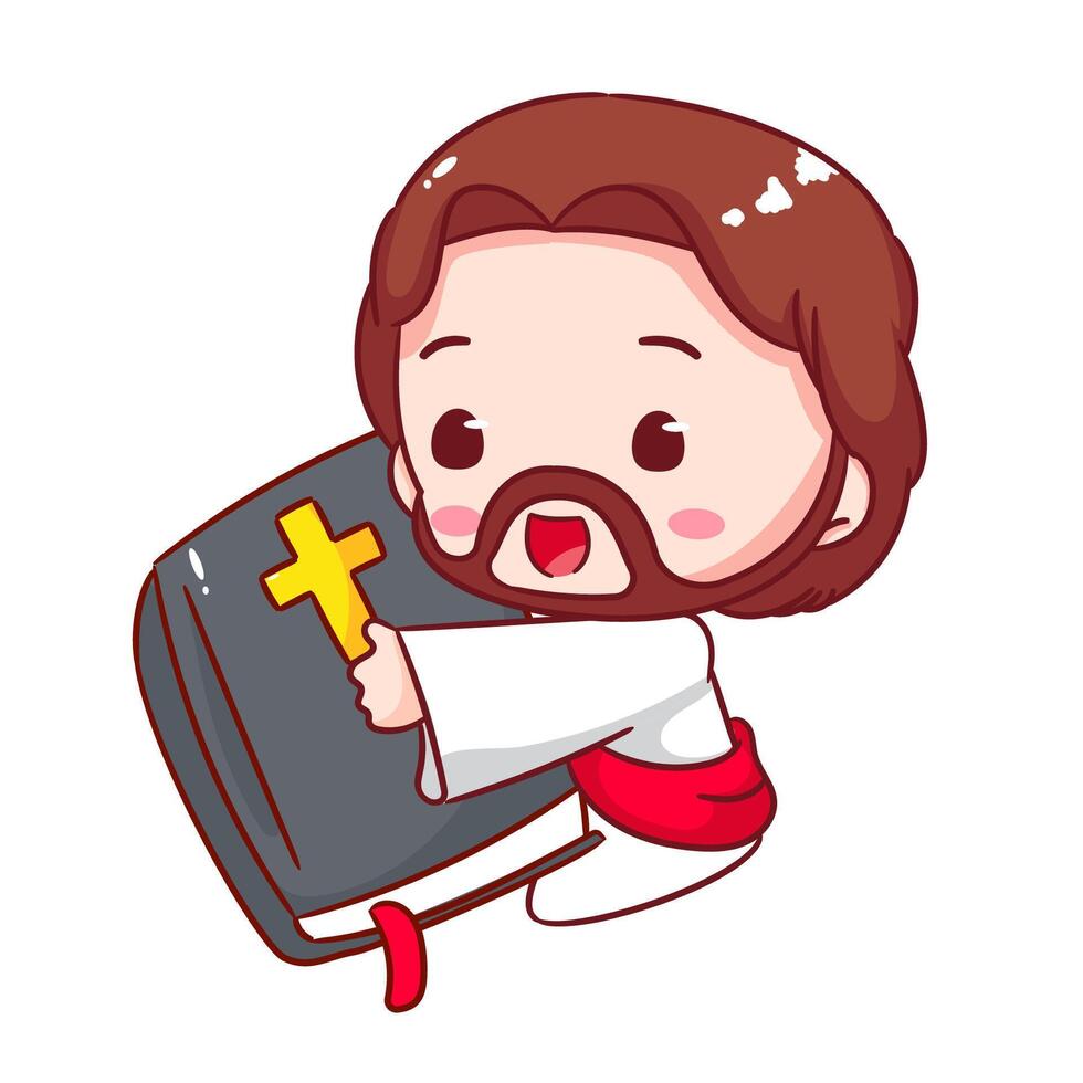 Cute Jesus Holding Bible Cartoon . Christianity Religion Concept Design. Adorable Chibi Jesus Christ Character Illustration. Isolated White Background. vector