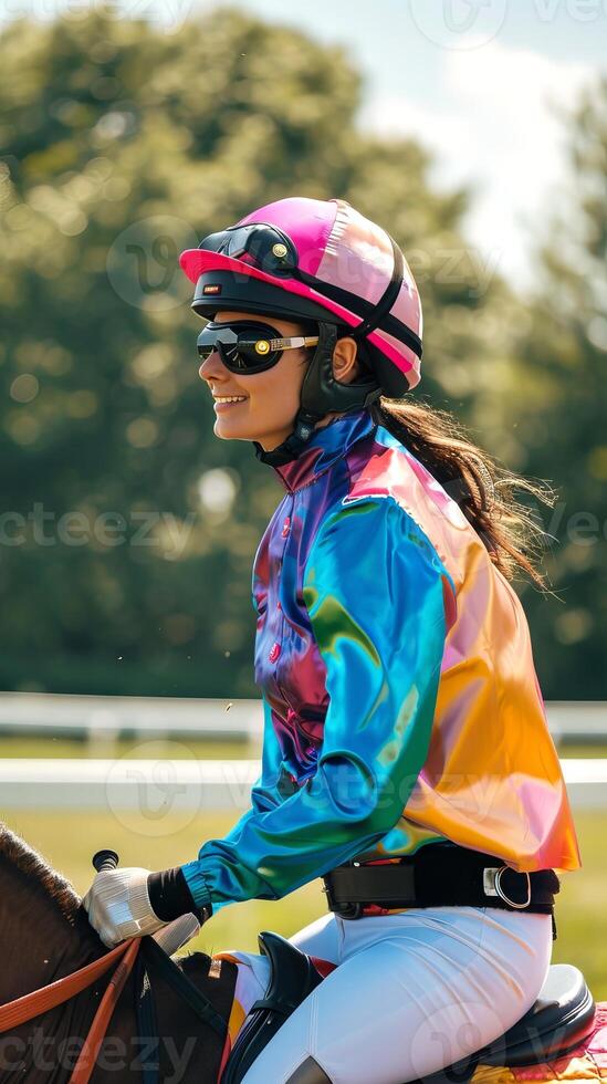 Female jockey in colorful racing attire riding a horse. Concept of woman athlete, horse racing, equestrian sport, competitive riding. Vertical photo