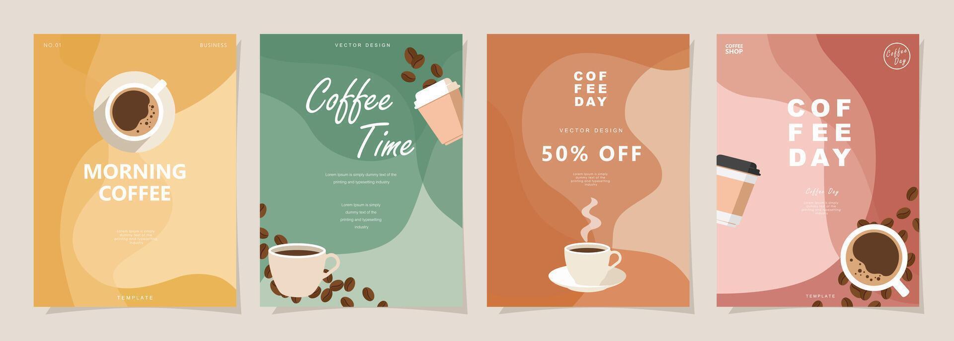 Set of minimal background templates with coffee beans and coffee mug for invitations, cards, banner, brochure, poster, cover, cafe menu or another design. vector