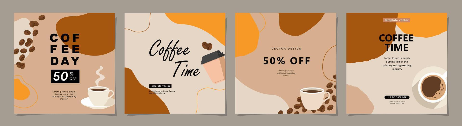 Set of minimal background templates with coffee beans and coffee mug for invitations, cards, banner, brochure, poster, cover, cafe menu or another design. vector