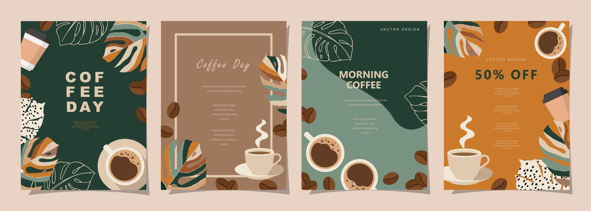 Set of sketch banners with coffee beans and leaves on minimal background for invitations, cards, banner, poster, cover, cafe menu or another template design. vector