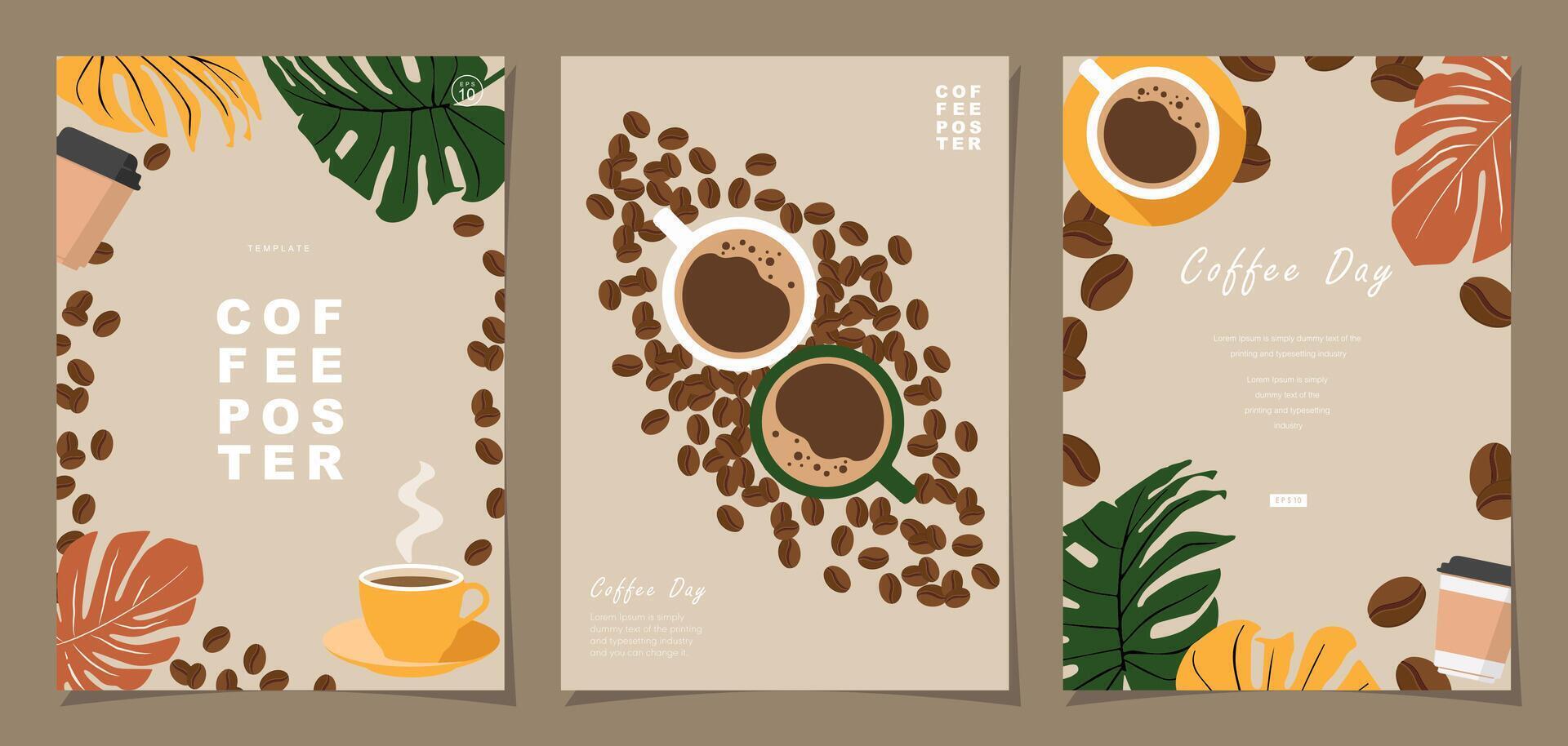 Set of sketch banners with coffee beans and leaves on minimal background for invitations, cards, banner, poster, cover, cafe menu or another template design. vector