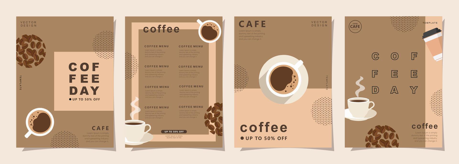 Set of minimal background templates with coffee beans and coffee mug for invitations, cards, banner, brochure, poster, cover, cafe menu or another design. vector