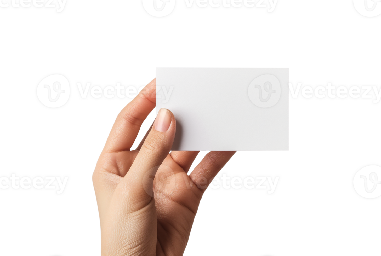 Business card mockup. Women hand holding recycled paper blank business card isolated on a transparent background png