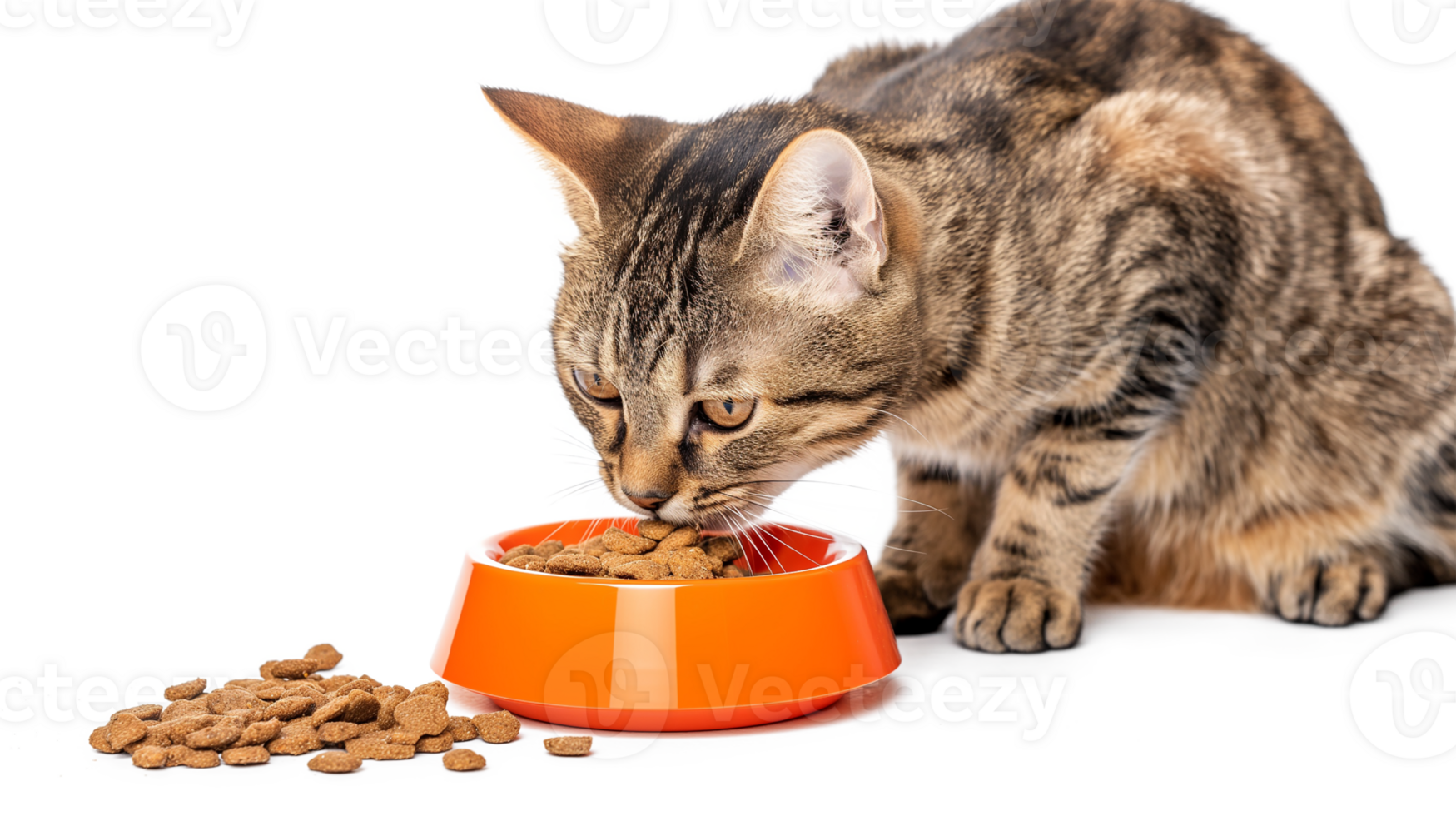 Cat sits on the Windowsill and eats Dry Food. Tabby Kitten eating from orange Bowl isolated on a transparent background png