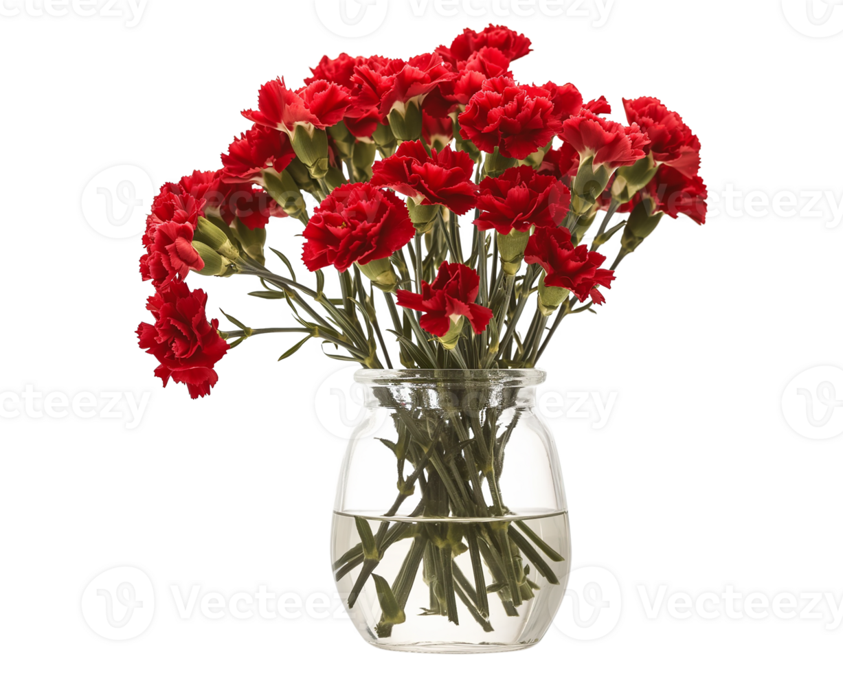 Bouquet of little red carnations in glass vase, close-up isolated on a transparent background png