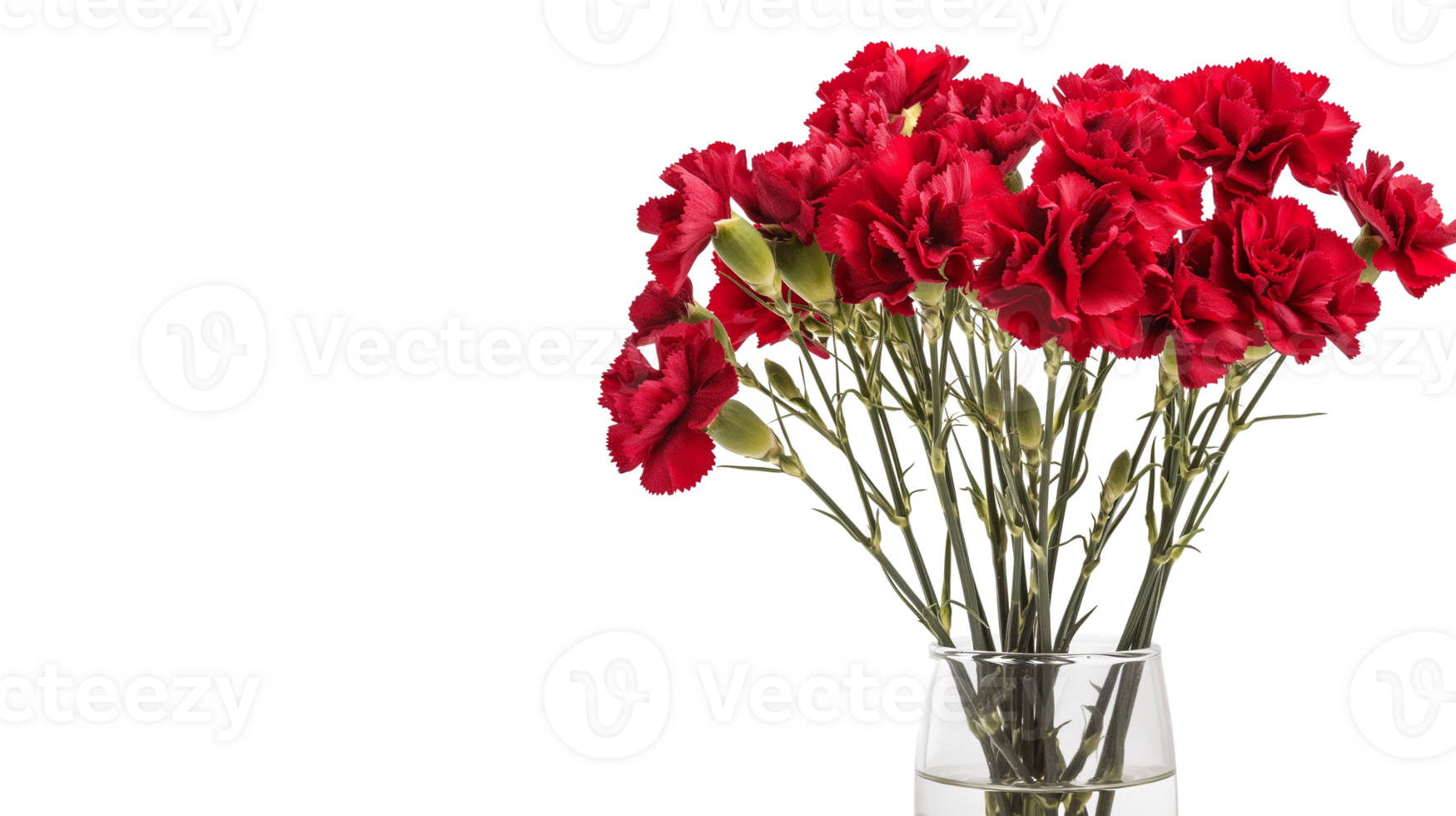Bouquet of little red carnations in glass vase, close-up isolated on a transparent background png