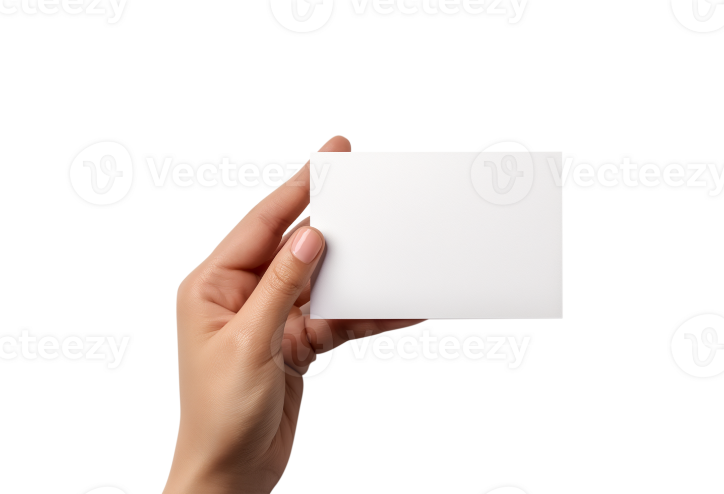 Business card mockup. Women hand holding recycled paper blank business card isolated on a transparent background png