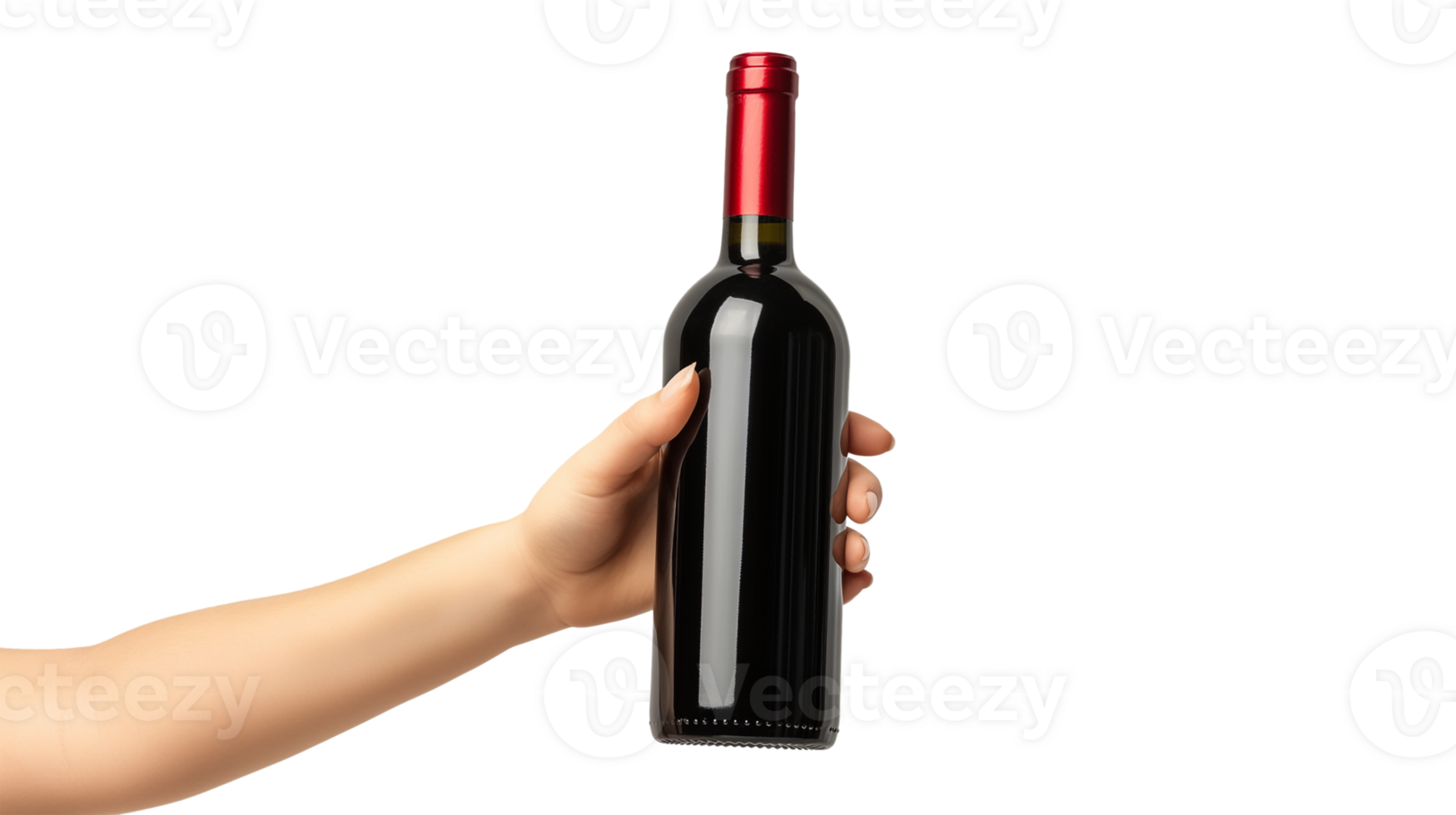 Female hand holding bottle of red wine isolated on a transparent background png