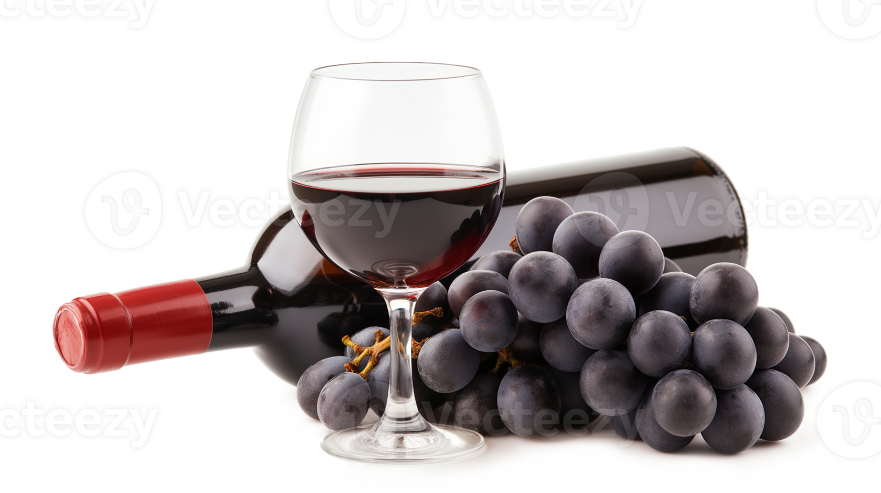Glass of red wine with a bottle and a cluster of black grapes isolated on a transparent background png