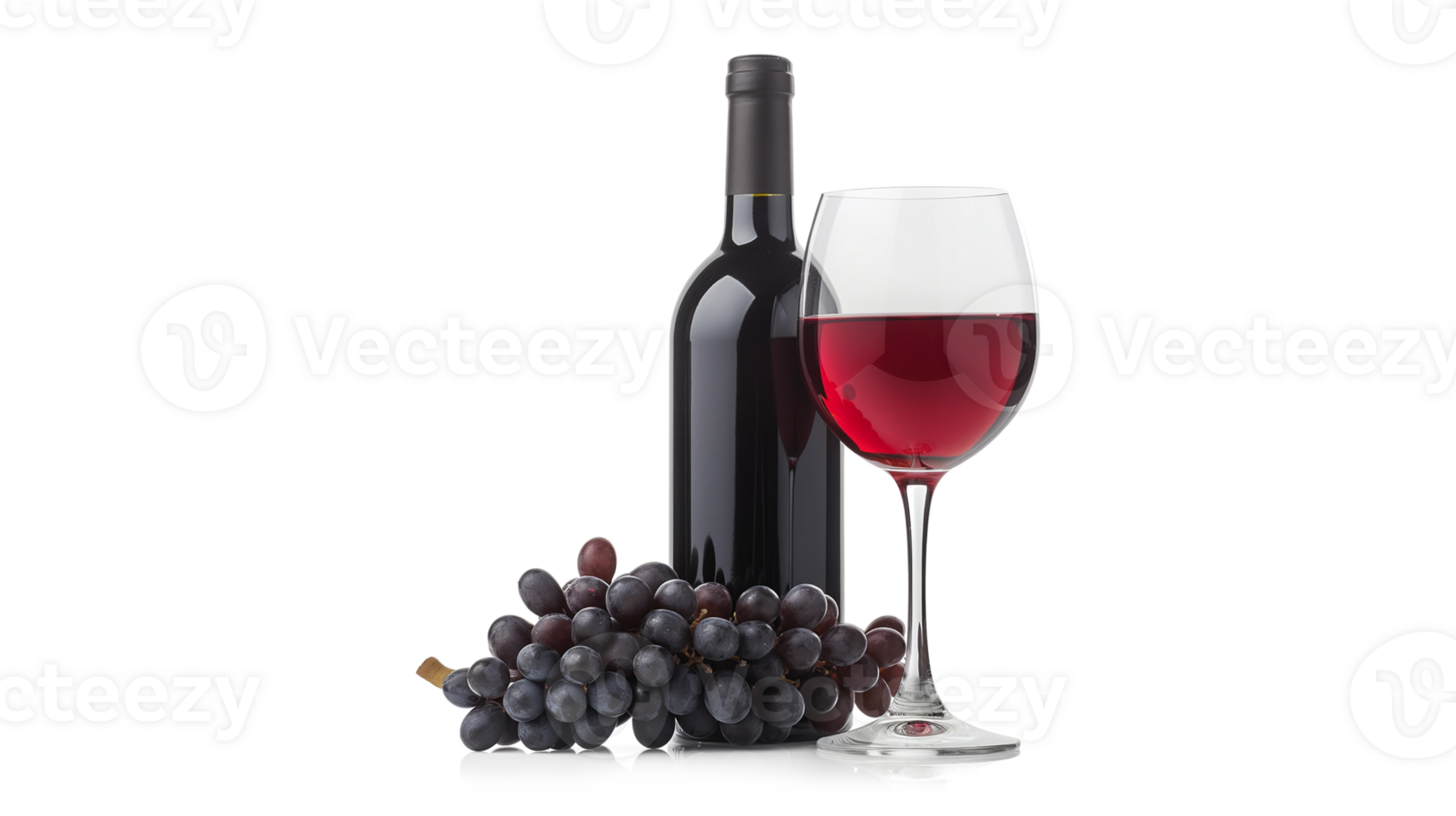 Glass of red wine with a bottle and a cluster of black grapes isolated on a transparent background png