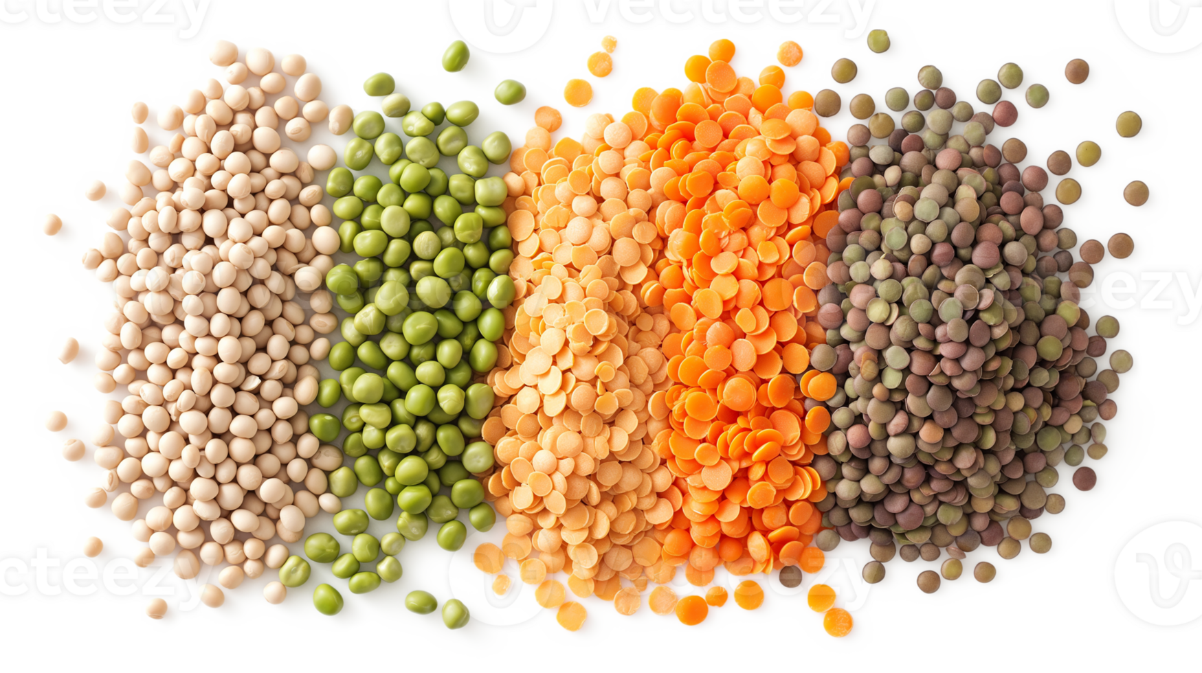Flat lay the assortment of peas, lentils and legumes isolated on a transparent background png