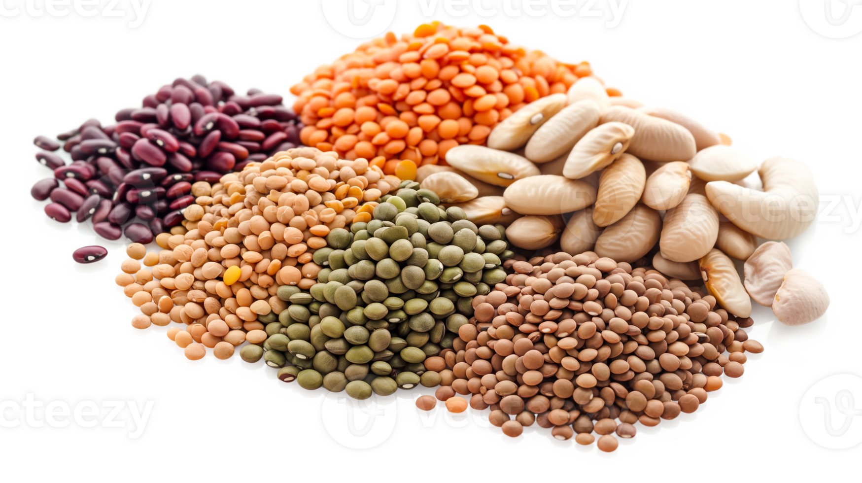Flat lay the assortment of peas, lentils and legumes isolated on a transparent background png