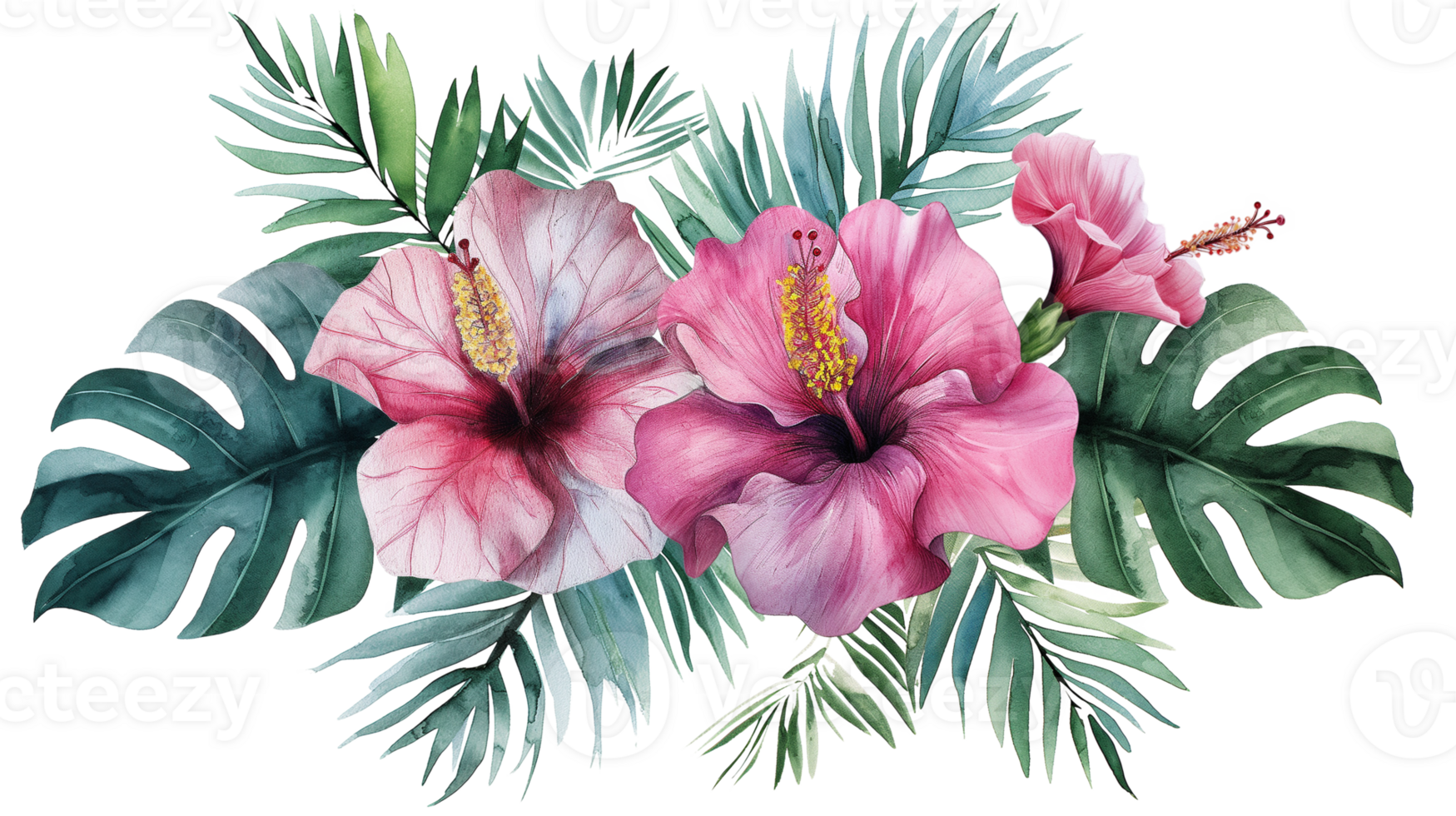 Colorful Watercolor flowers and leafs decorative illustration isolated on a transparent background png