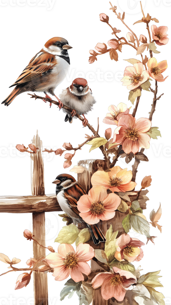 Birds sparrow with little chicks sitting on a wooden fence in the village garden surrounded by yab flowers they have a sunny day isolated on a transparent background png