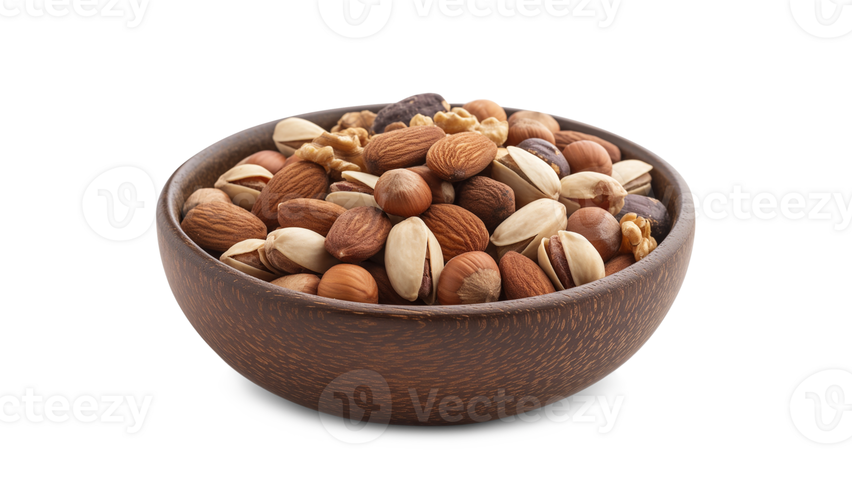 Almonds pistachios hazelnuts and round nuts in bowl isolated on a transparent background png