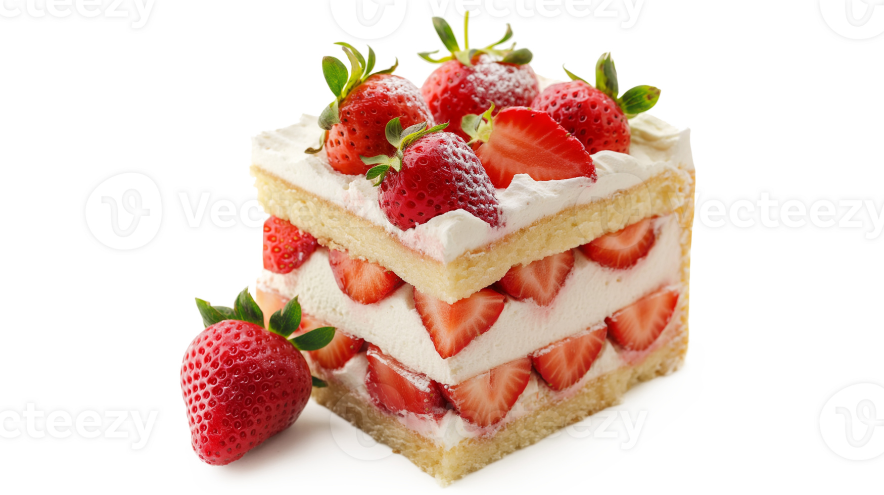 A slice of strawberry cake with strawberries on top. The cake is cut in half and has a strawberry on each half isolated on a transparent background png