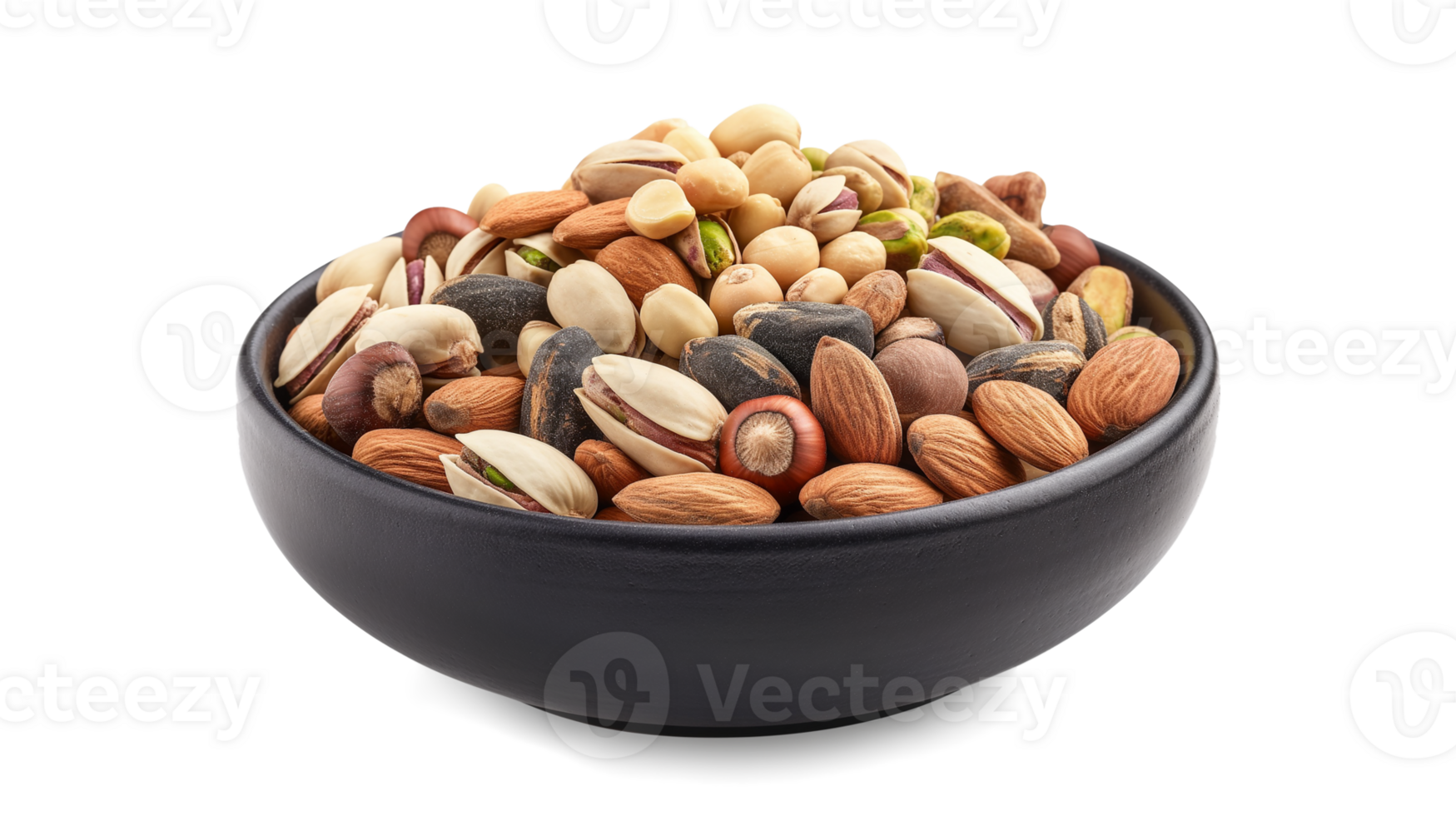 Almonds pistachios hazelnuts and round nuts in bowl isolated on a transparent background png