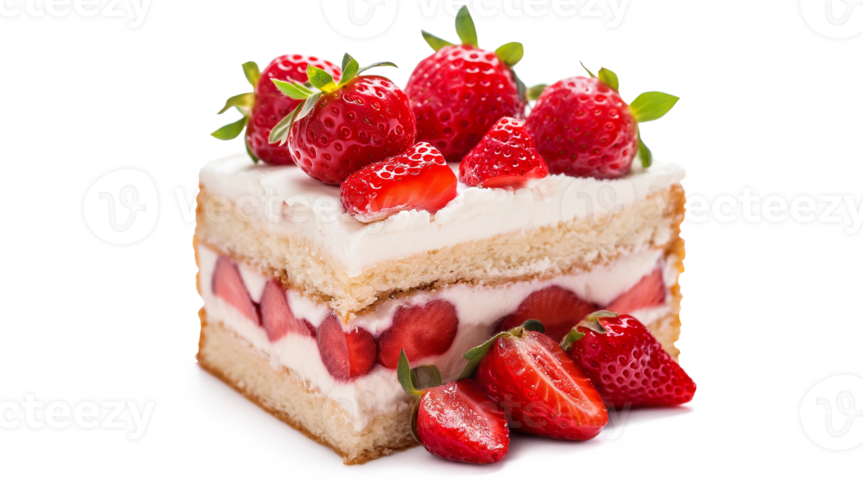 A slice of strawberry cake with strawberries on top. The cake is cut in half and has a strawberry on each half isolated on a transparent background png
