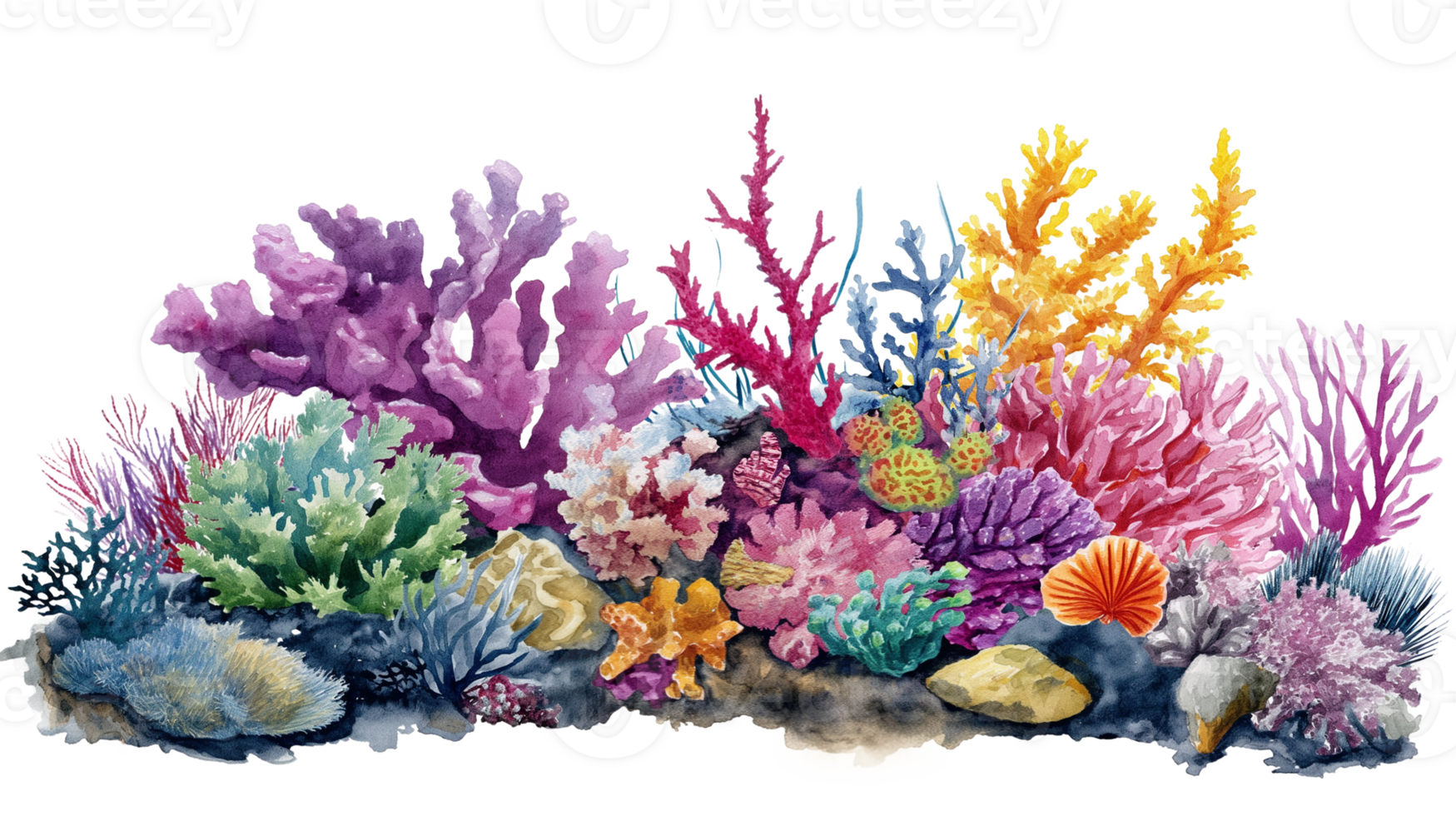 Colorful Watercolor Underwater World with Corals and Marine Life isolated on a transparent background png