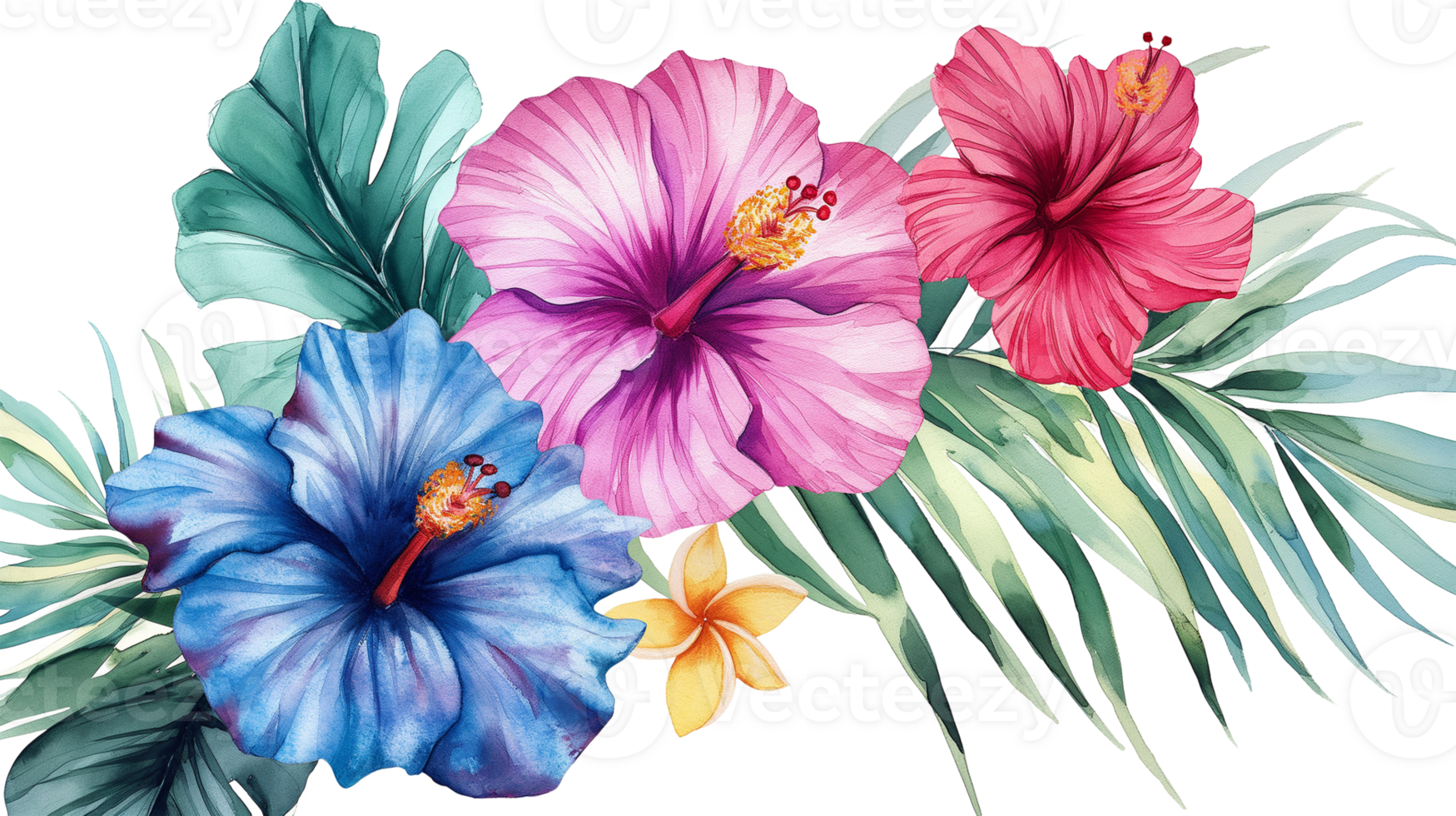 Colorful Watercolor flowers and leafs decorative illustration isolated on a transparent background png