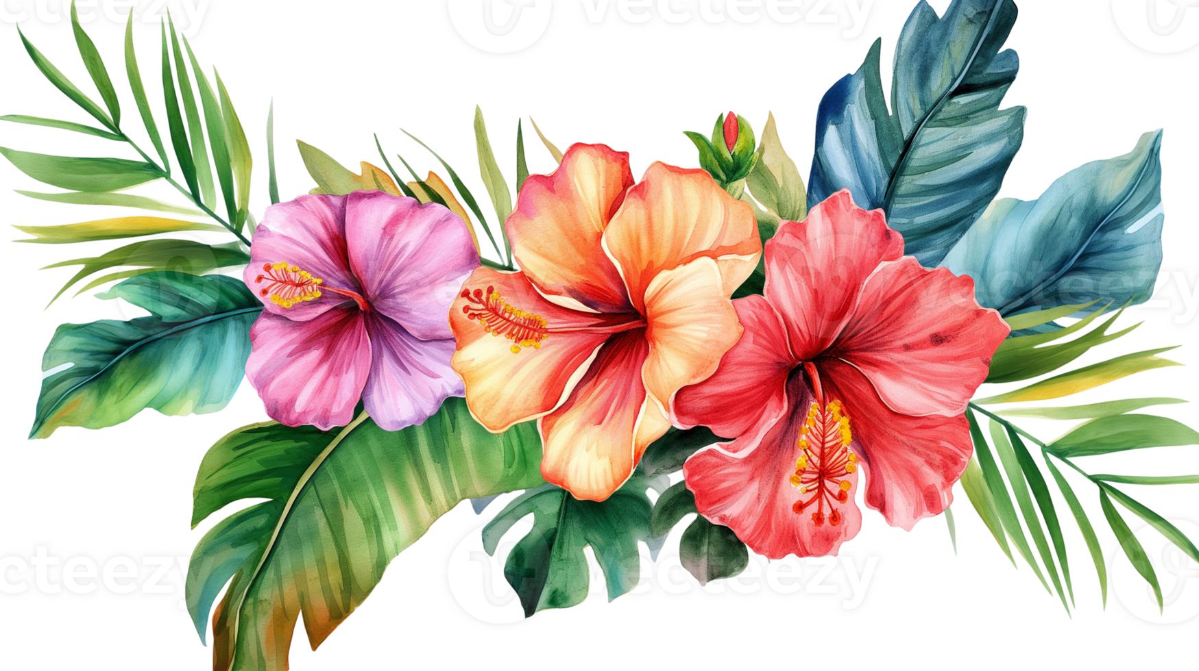 Colorful Watercolor flowers and leafs decorative illustration isolated on a transparent background png