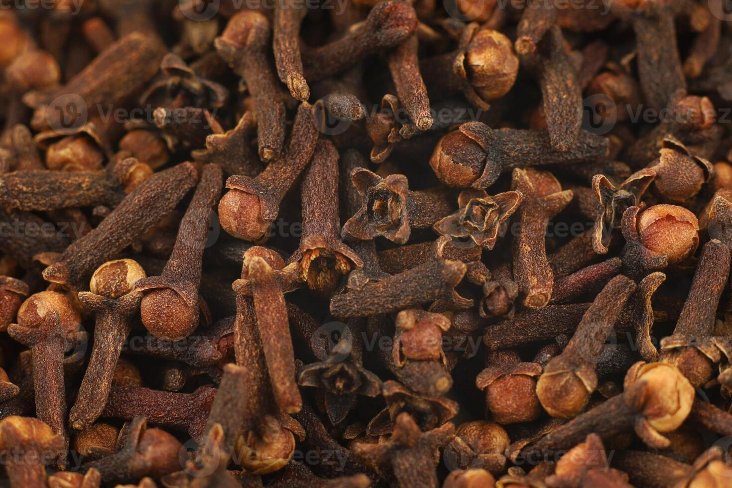 Clove spice pile close up. Dry spice cloves background and texture, top view photo