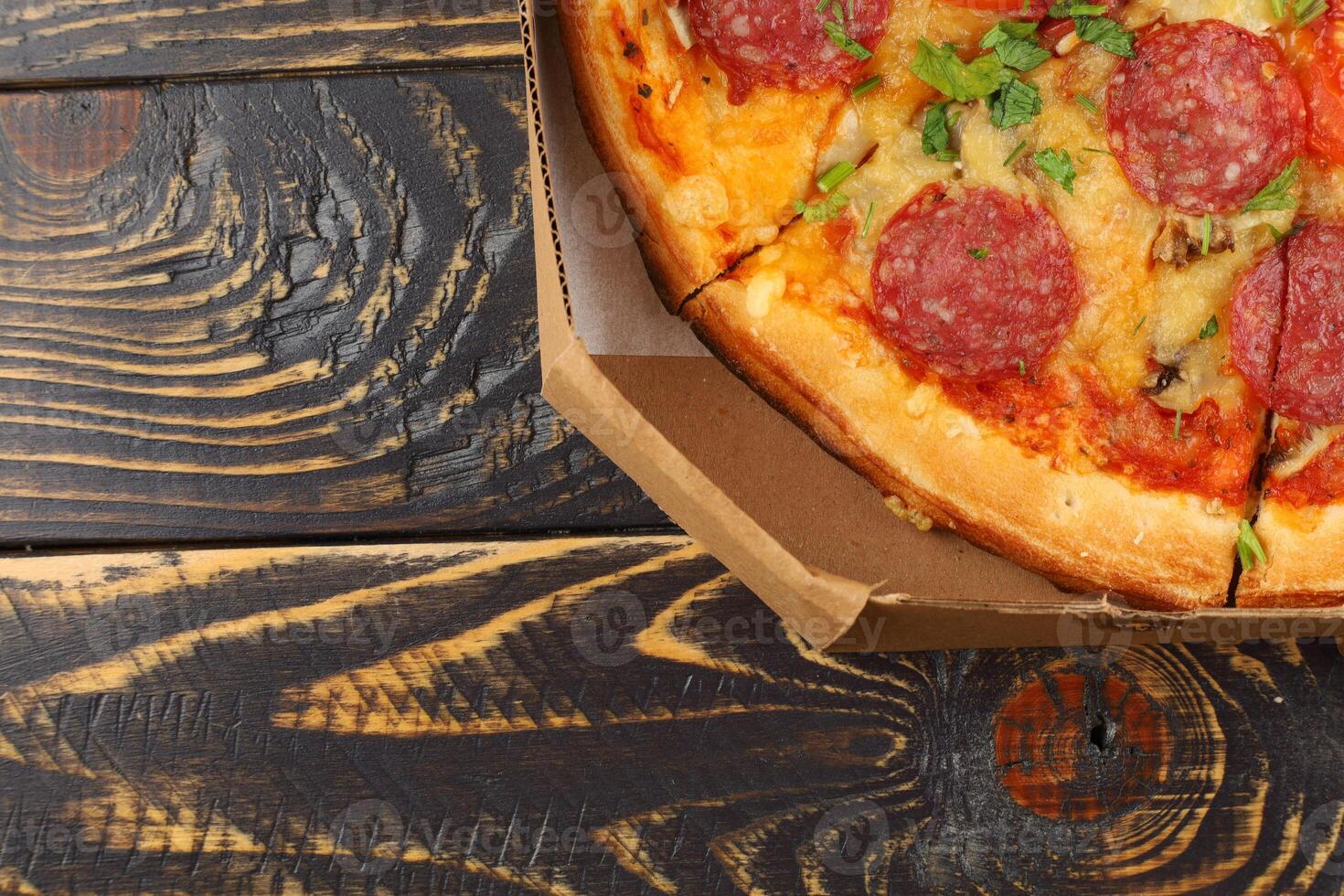 pizza in box open. Pizza in the in delivery box photo