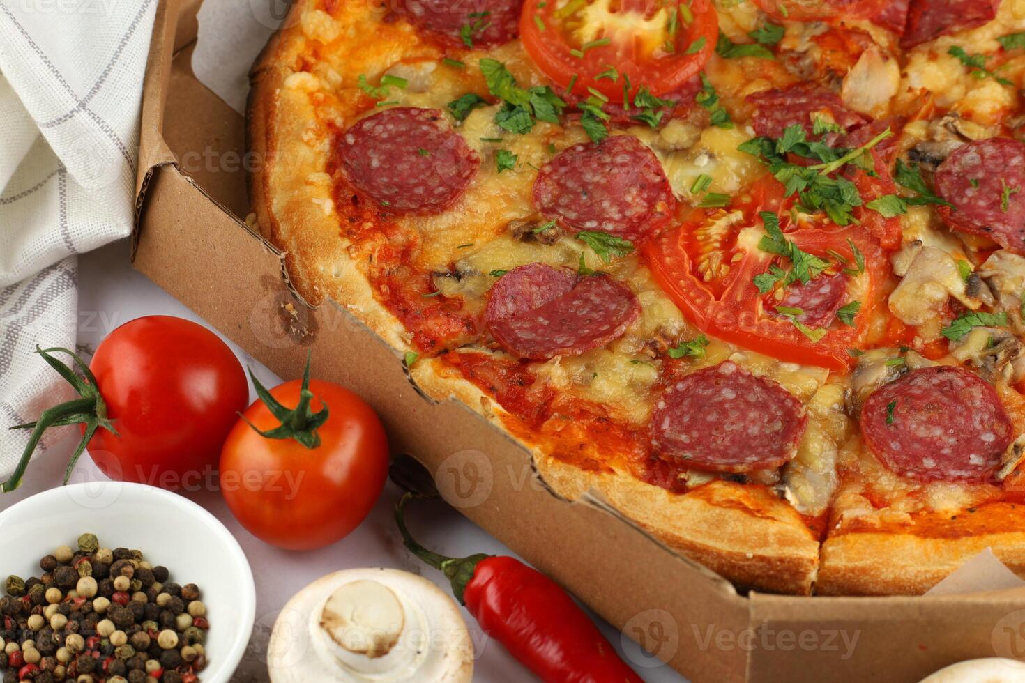 pizza in box open. Pizza in the in delivery box photo