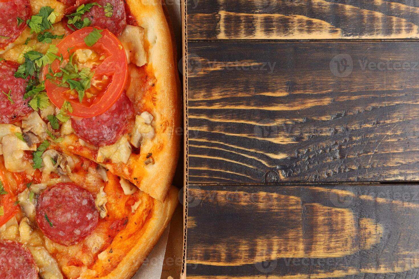 pizza in box open. Pizza in the in delivery box photo