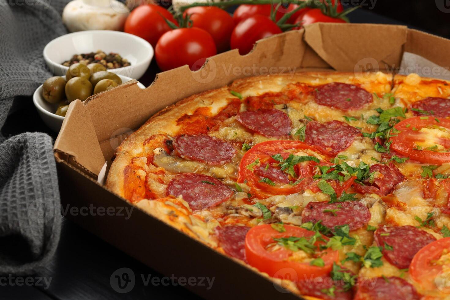 pizza in box open. Pizza in the in delivery box photo
