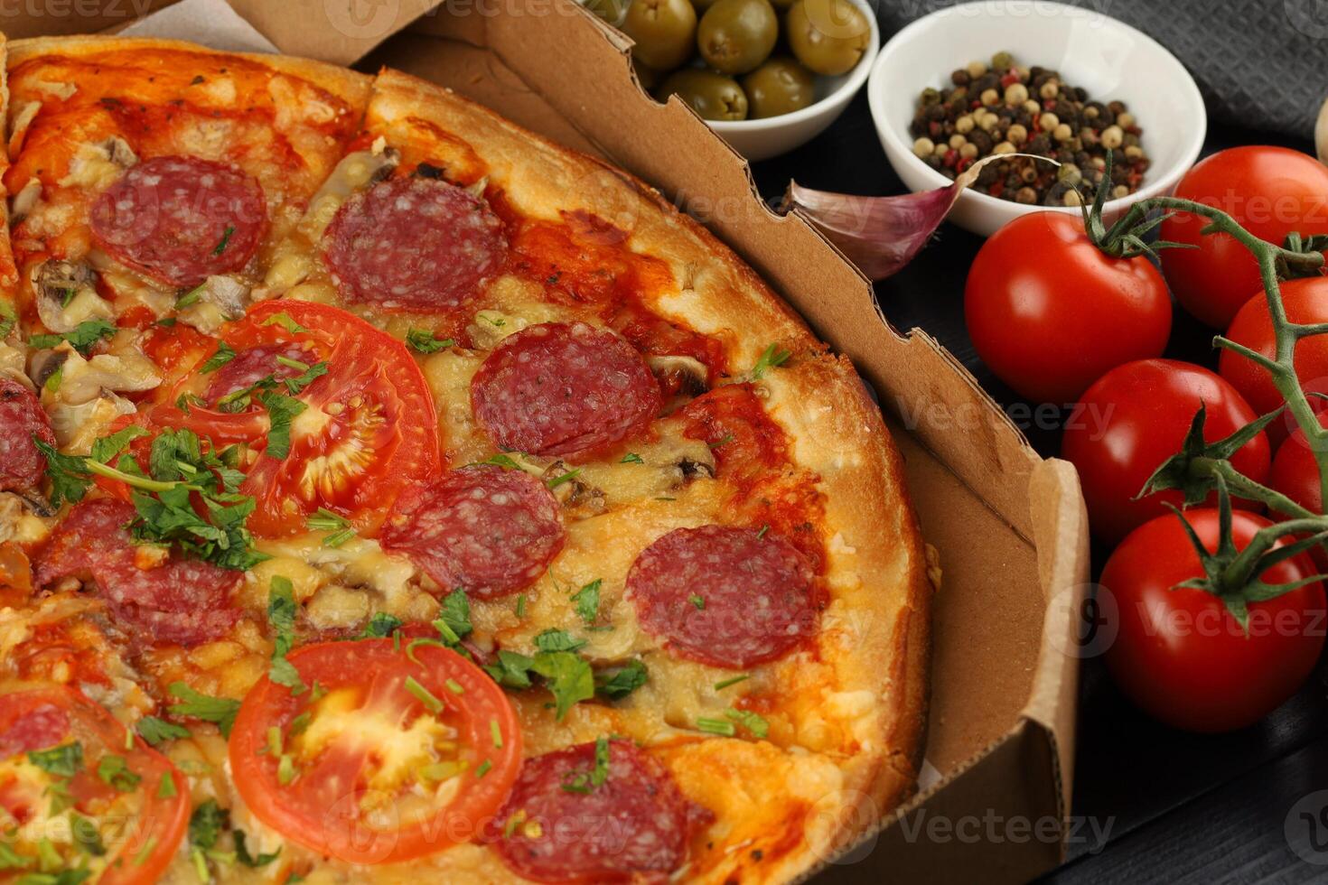 pizza in box open. Pizza in the in delivery box photo