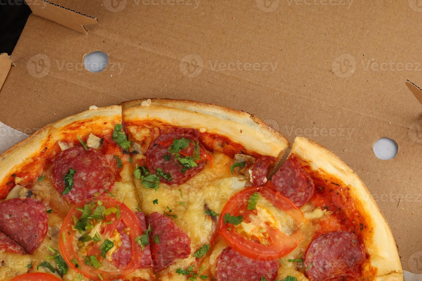 pizza in box open. Pizza in the in delivery box photo