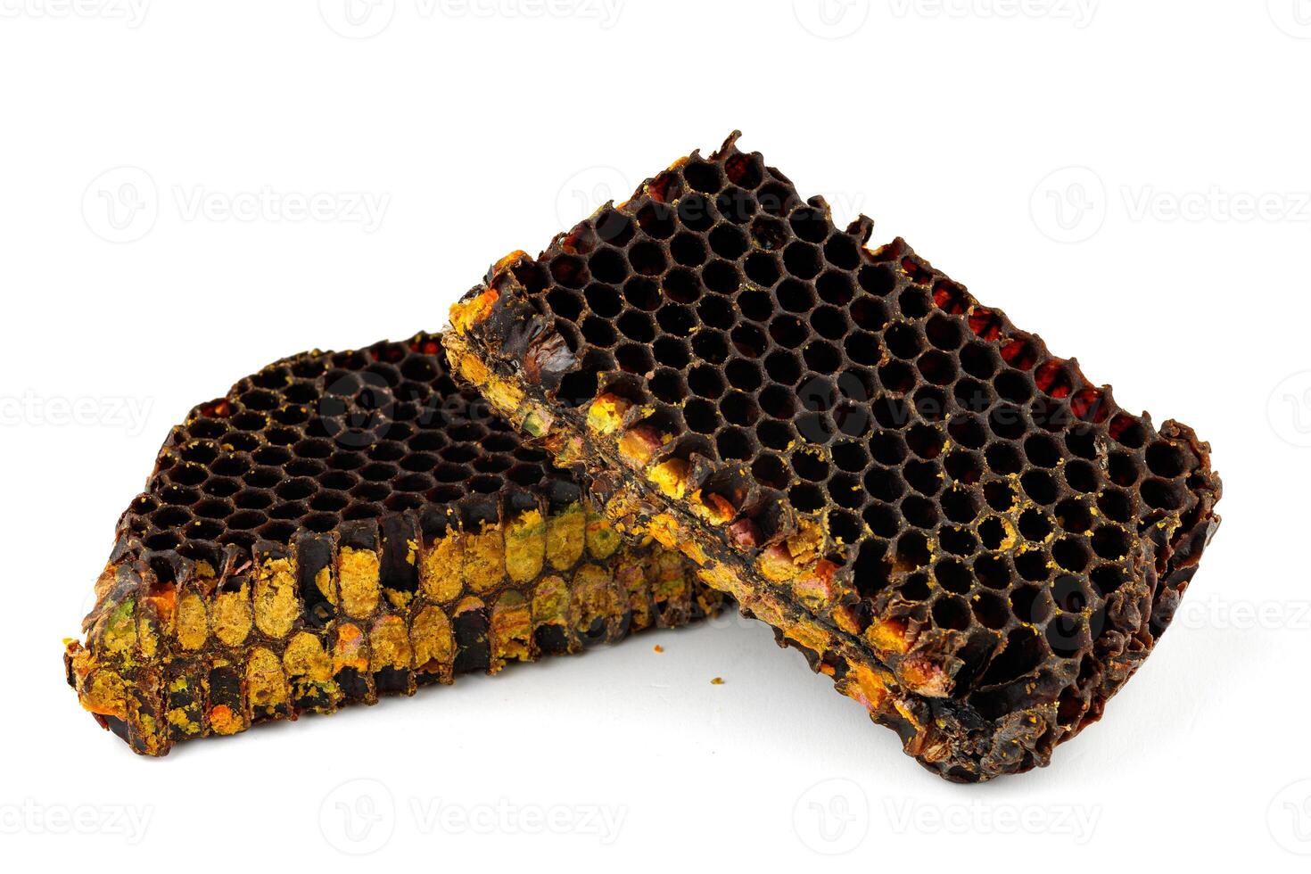Bee pollen in honeycomb isolates. Bee bread isolated on a white background photo