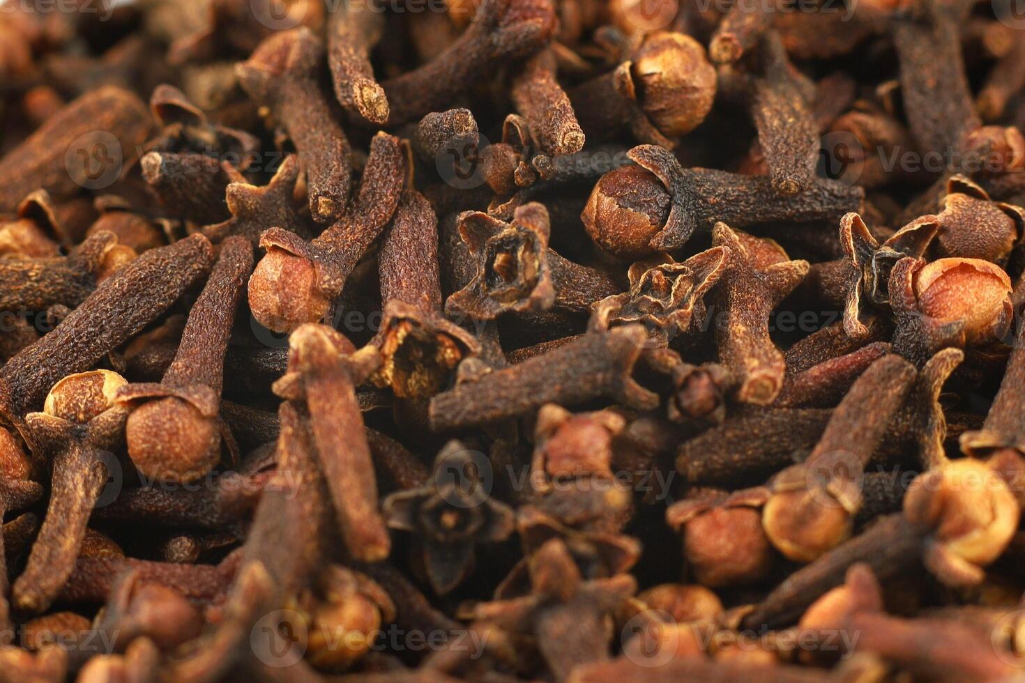 Clove spice pile close up. Dry spice cloves background and texture, top view photo