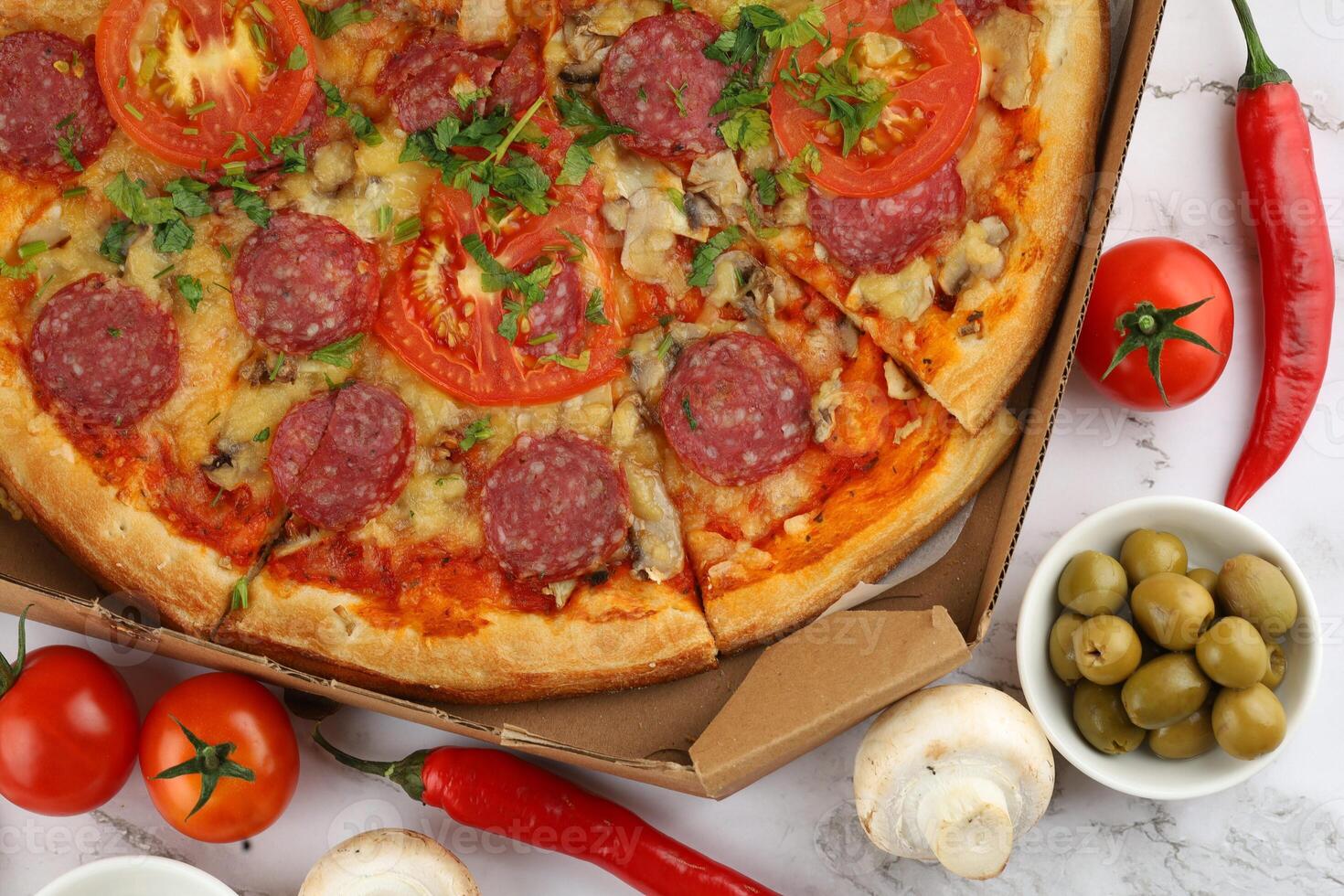 pizza in box open. Pizza in the in delivery box photo