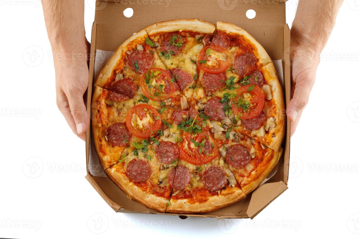 pizza in box open. Pizza in the in delivery box photo