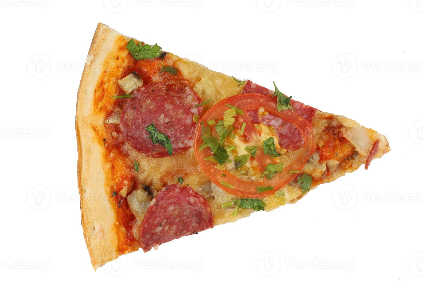 Sliced pizza on white isolate. One slice of pizza with tomatoes and cheese photo
