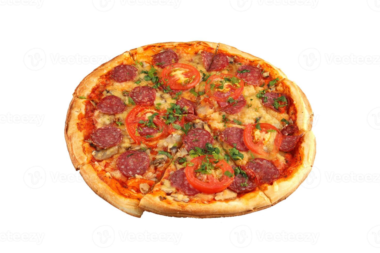 Pizza on white isolate. Pizza with tomato slices and bacon slices with cheese photo