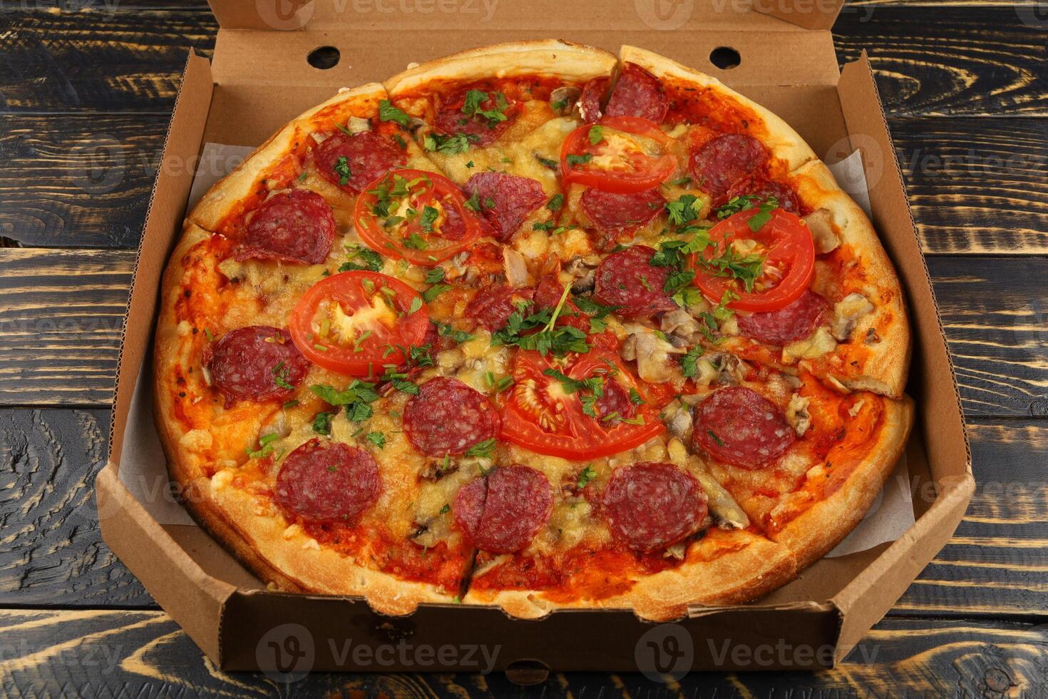 pizza in box open. Pizza in the in delivery box photo