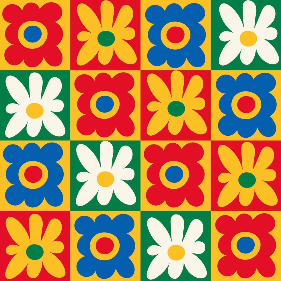 Vibrant Checkered Seamless Pattern with Flowers vector