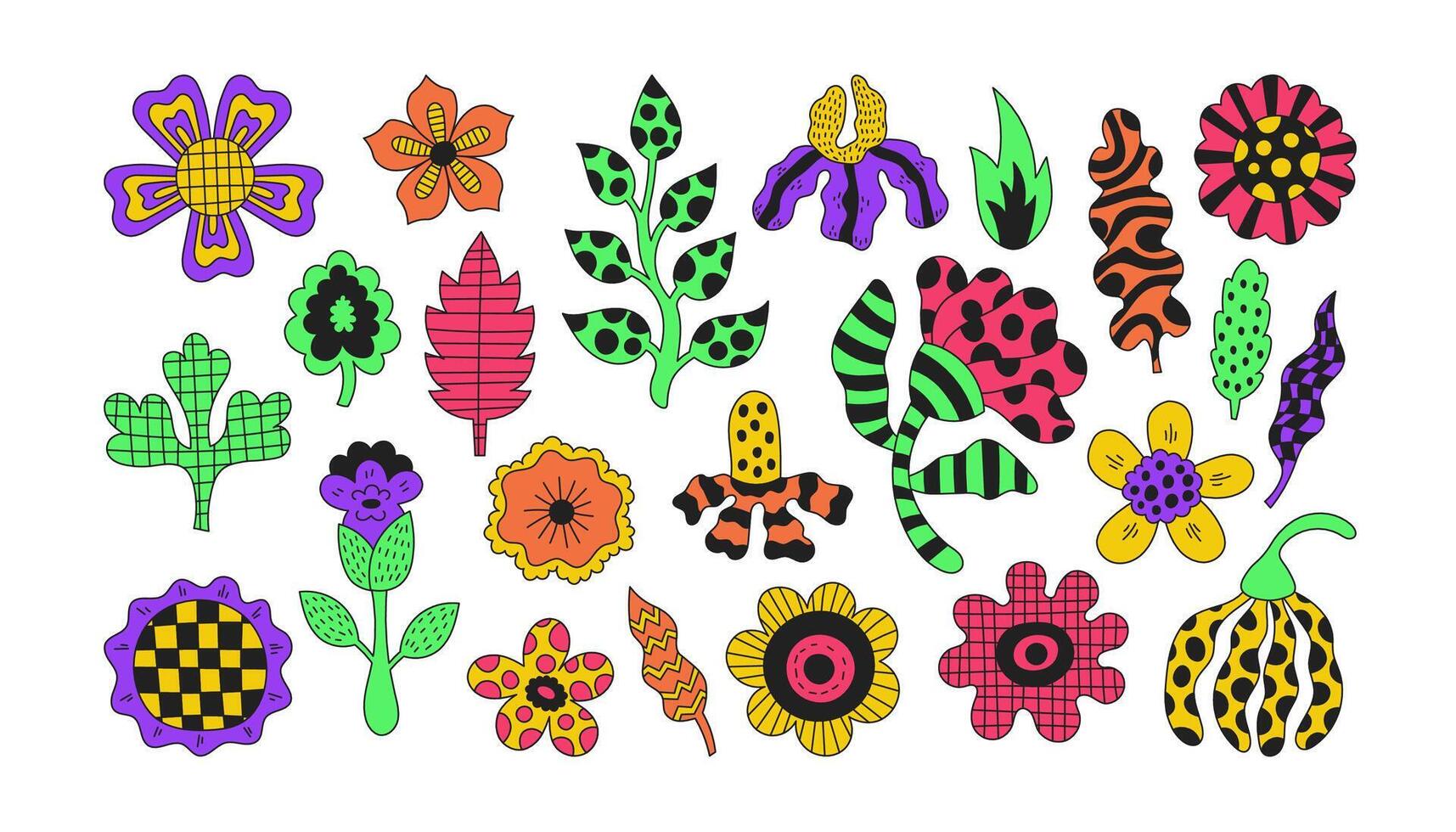 Quirky Psychedelic Flower Leaf Set vector