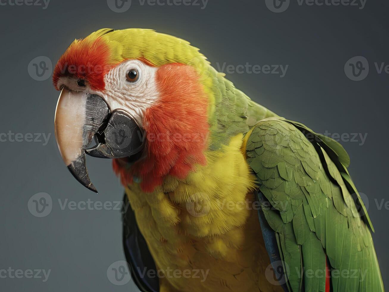 Close-Up of a Colorful Parrot with Green, Yellow, and Red Plumage photo